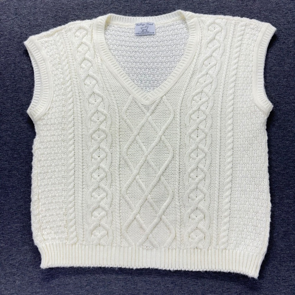 Vintage‎ College Point Sweater Vest Mens L Cable Knit V-Neck White Fishermen USA